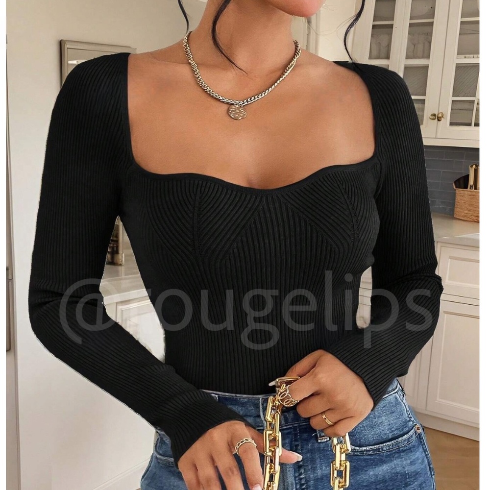 Black Sweetheart Neckline Rib Knit Light Sweater Top Fitted Slim Long Sleeve